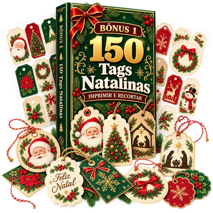 Capa do Bônus 1: 150 Tags Natalinas, com tags de Papai Noel, árvore, presépio e Feliz Natal