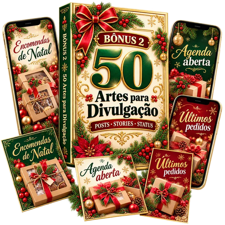 Capa do Bônus 2: 50 Artes para Divulgação, com posts e stories de Encomendas de Natal, Agenda aberta e Últimos pedidos