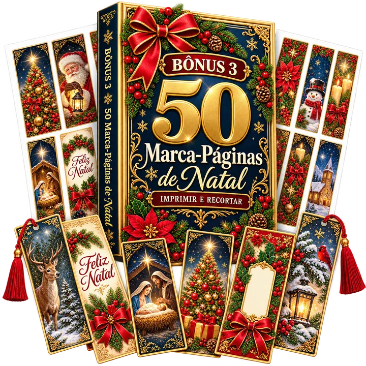 Capa do Bônus 3: 50 Marca-Páginas de Natal, com marca-páginas de presépio, árvore, rena e Feliz Natal