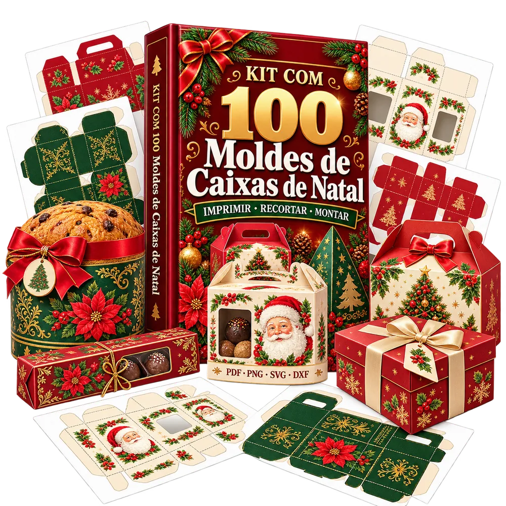 Capa do Kit com 100 Moldes de Caixas de Natal, com caixas montadas e moldes impressos em volta